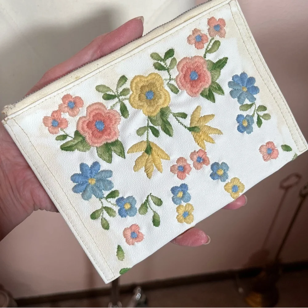Vintage 40 50 Retro white Leather Pastel embroidered Cottagecore Clutch mini Bag - Picture 3 of 16